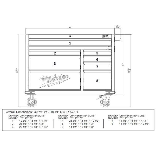 Rabat Corporation 48-22-8520 46" 8 Drawer Rolling Steel Storage Cabinet Redblack
