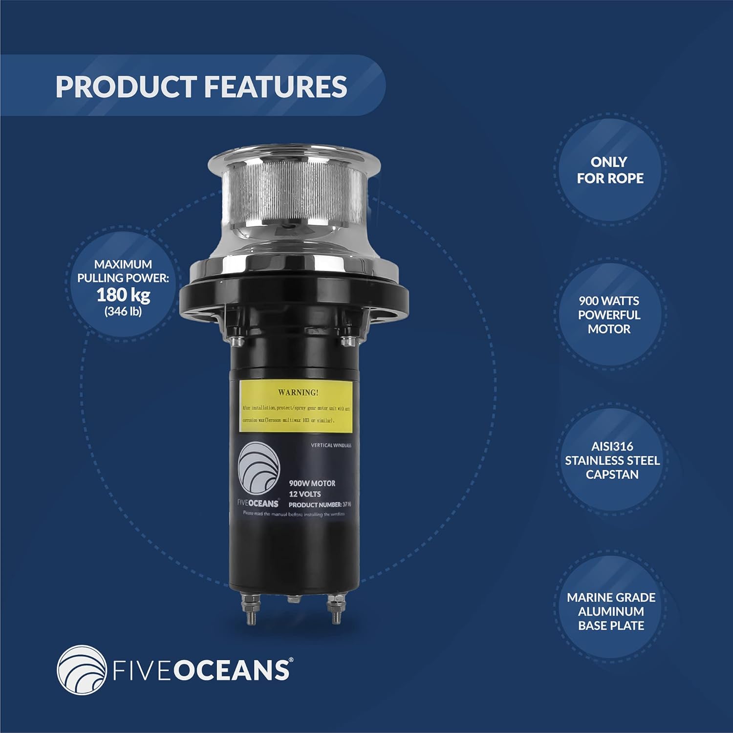 Five Oceans Arctic Capstan 900 Watts Powerful Vertical Mounted Winch AISI316 Stainless Steel, Marine Grade Aluminunm Base Plate