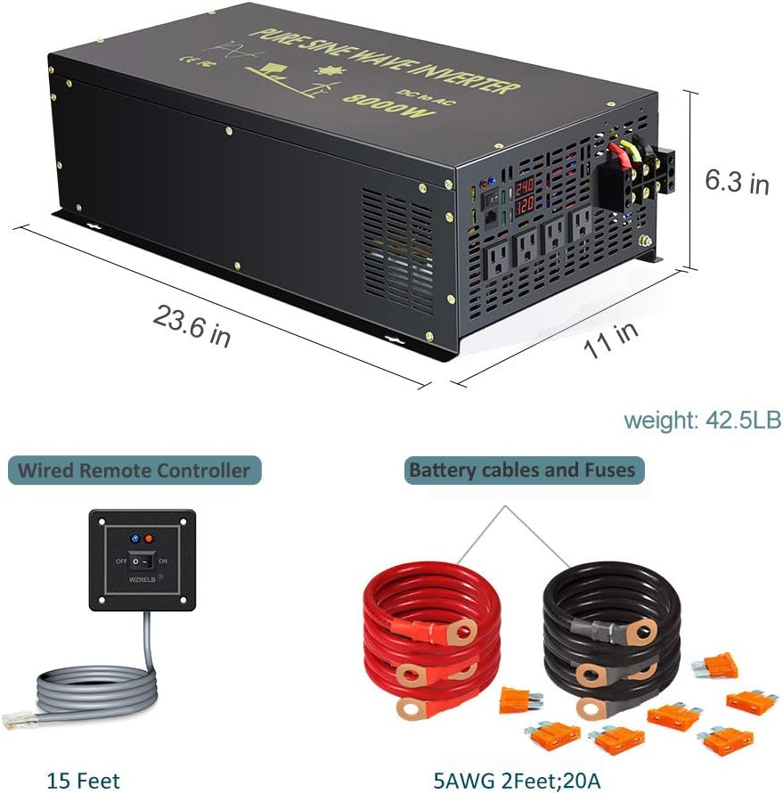 Reliable 8000W Continuous Power Heavy Duty Pure Sine Wave Power Inverter DC 48V to AC 120V with 4 AC Outlets Remote Control 66A Hardwire Terminal and