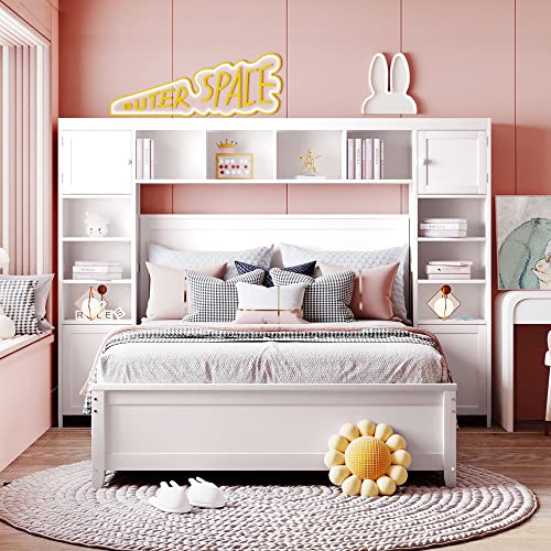 SOFTSEA Full Murphy Bed Wall Beds, Wood White Cabinet Bed 61.5” Foldable Platform Bed with Shelf for Guest Room