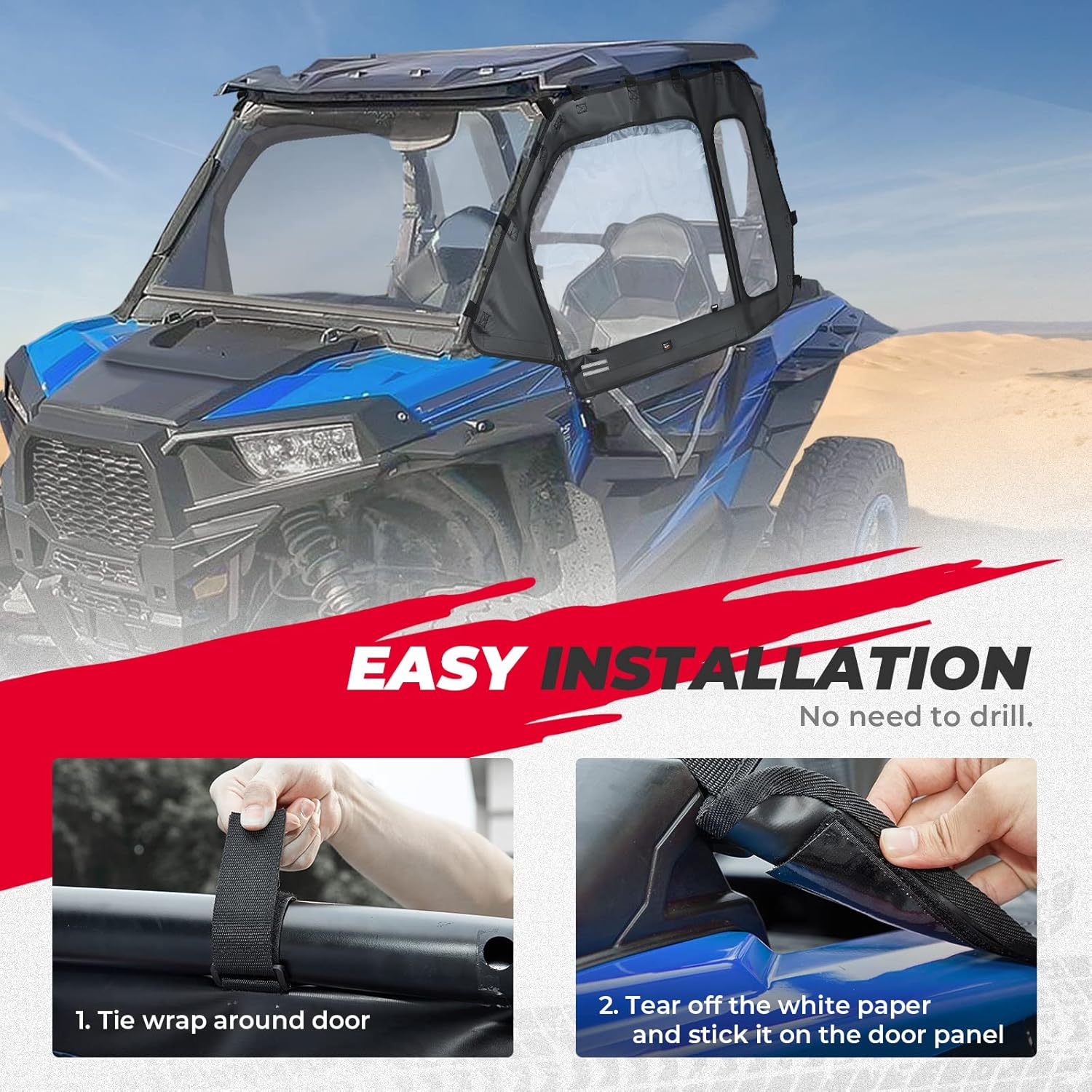 Kemimoto RZR Soft Cab Enclosures, 2 Soft Upper Doors with Zippers, RZR Upper Windows Water-resistant Clear Tinted Standard Rear Windshield