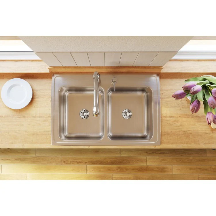 Kitchen Sink Lustertone Classic 33 x 22 Inch Double Bowl Equal with Perfect Drain 4 Hole Lustrous Satin Drop-In 10-1/8 Inch