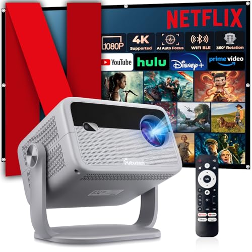 【Netflix Officially Licensed & Auto Image Set-up】Smart Projector with WiFi and Bluetooth,600 ANSI Native 1080P Voice Control Outdoor Movie Projector
