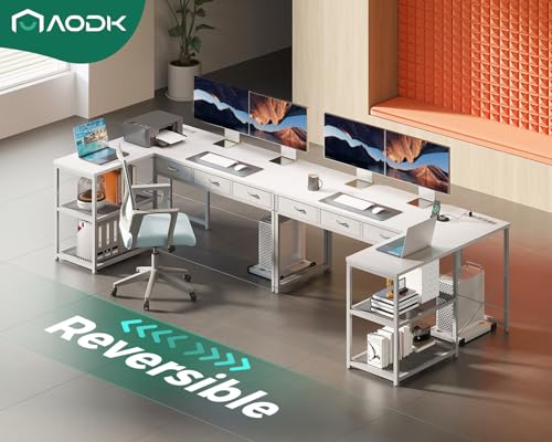 AODK 53 Inch L Shaped Computer Desk with Drawers, Corner Desk with Power Outlets & Reversible Storage Shelves