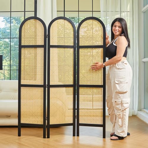 Room Divider and Folding Privacy Screens, Pine Wood 5.6 Ft Double Hinged Rattan Partition Freestanding Wall Room Divider for Home - 3 Panels