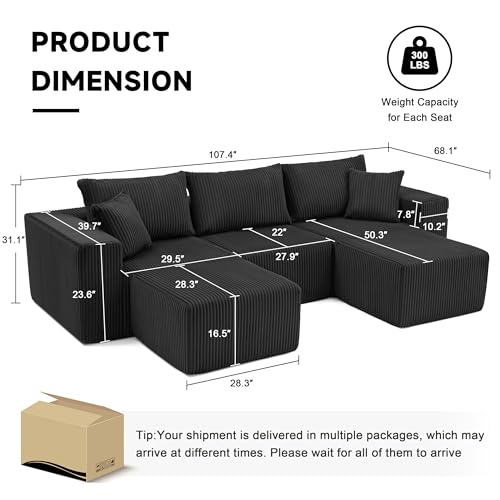 107.4" Cloud Couch Sectional, Modular Sofa with Deep Seat, Plush Corduroy L Shaped Boneless Couch, Convertible Sectional Couches for Living Room