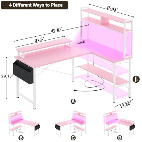 Aheaplus L Shaped Gaming Desk with Power Outlets & LED Lights, Small L- Shaped Desk Computer Corner Desk with Monitor Stand & Storage Shelf