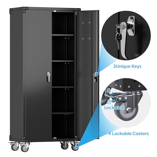 Metal Storage Cabinet with Wheels, 73" H Rolling Garage Cabinets with Locking Doors and Adjustable Shelves for Home Office, Basement, Pantry, Workshop
