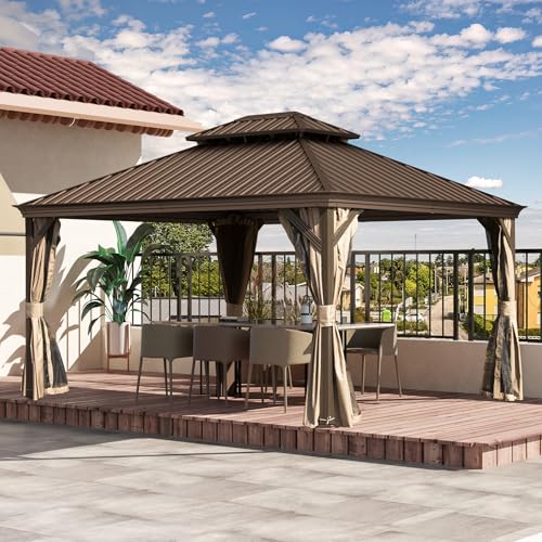 Domi 10’ x 10’ Hardtop Gazebo Metal Frame Canopy with Netting & Curtains