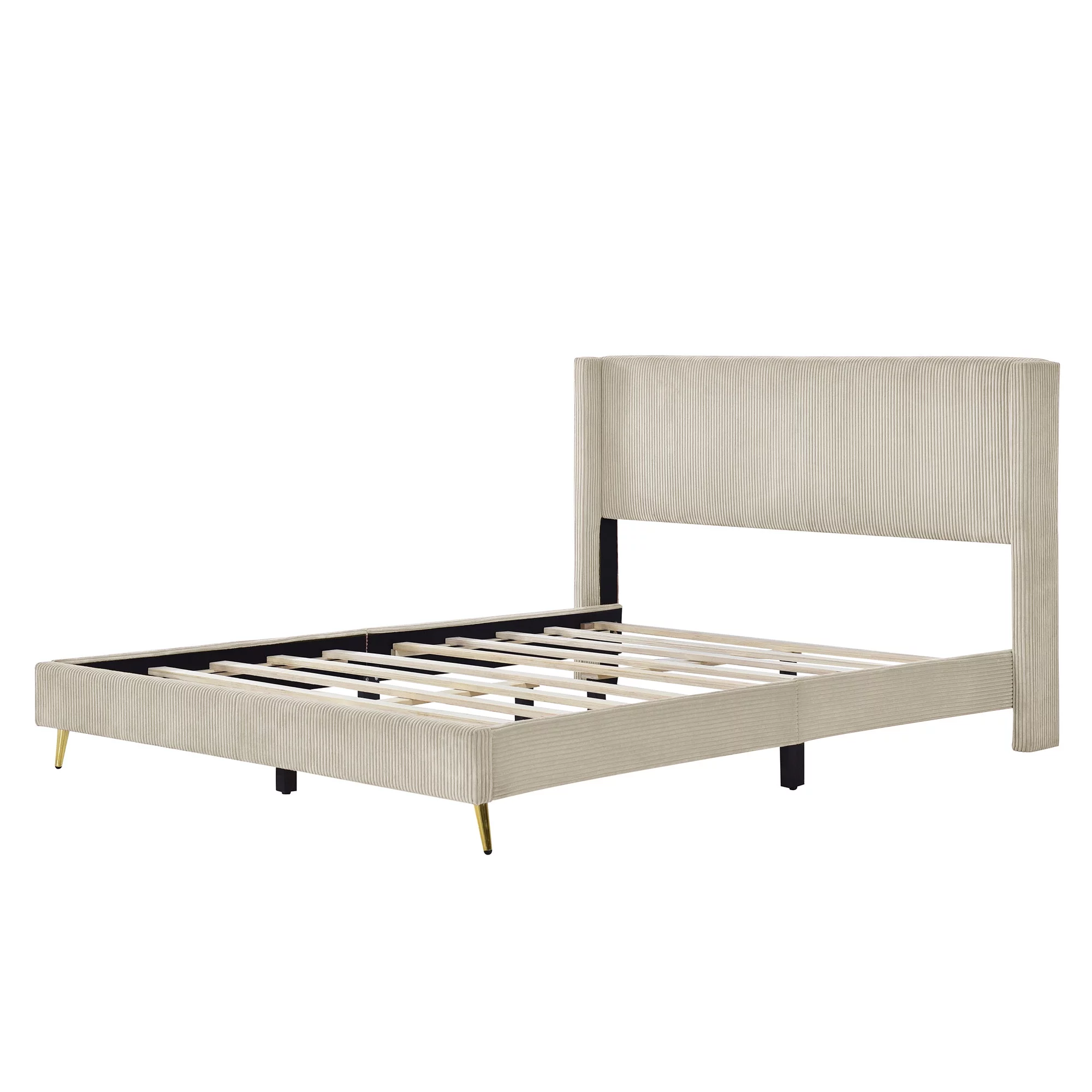 Morden Corduroy Upholstered Queen Bed Frame with Upholstered Headboard No Box Spring Needed Wood Low Profile Platform Bed with Metal Legs