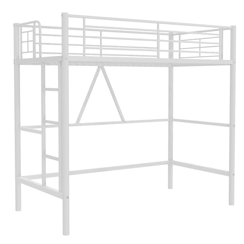 VECELO Loft Bed Twin Size, Metal Bedframe with Removable Ladder and Safety Guardrail, No Box Spring Needed, Space Saving, Noise Free, Pink