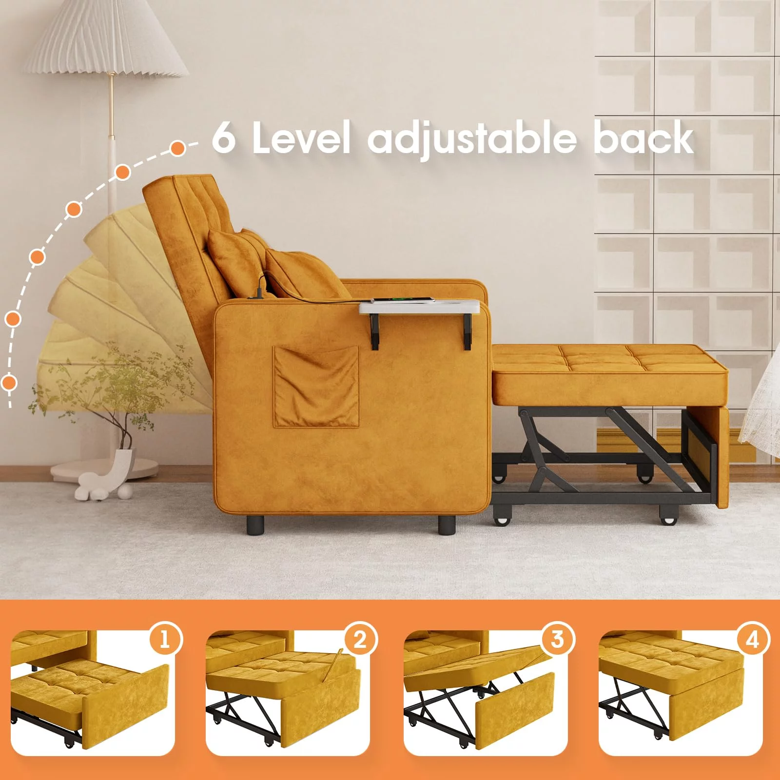 VEANERWOOD Sofa Bed Chair with Wing Table and USB Ports, 3-in-1 Sofa Chair Bed with Two Pillows, Velvet Sleeper Chair with Adjustable Backrest