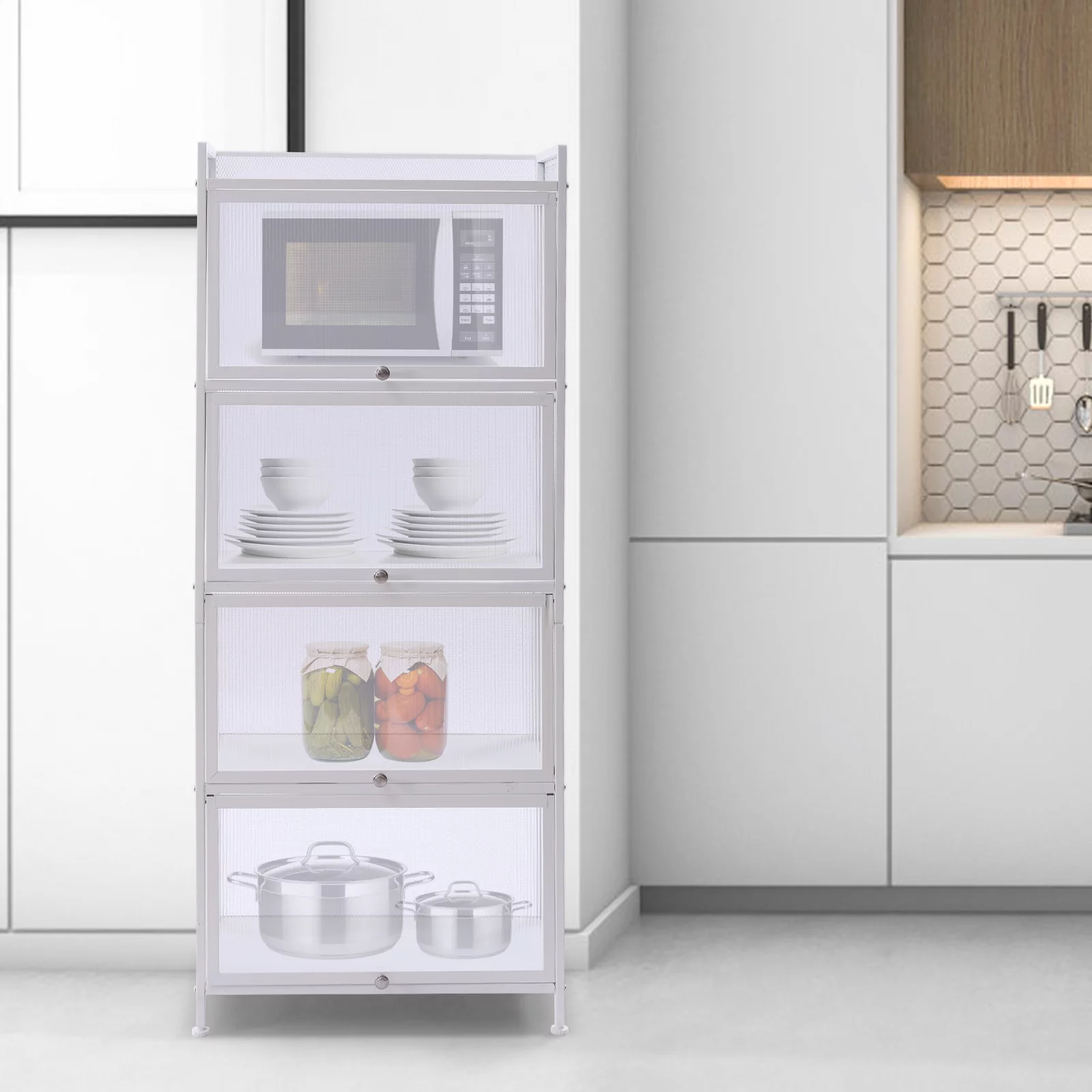 Loyalheartdy 5-Tier White Storage Cabinet w/4 Flip Doors Utility Kitchen Buffet Pantry Sideboard Rack Book Clothes Organizer Stand