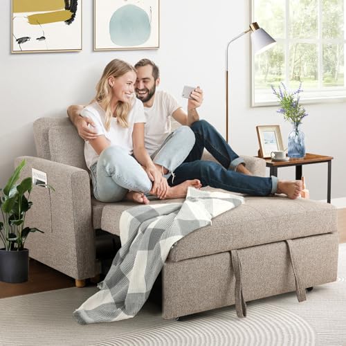 SEJOV 3-in-1 Convertible Sofa Bed, Linen Fabric Sleeper Couch Pull Out Bed, 49" 2-Seater Loveseat Futon Sofa with Spring Support