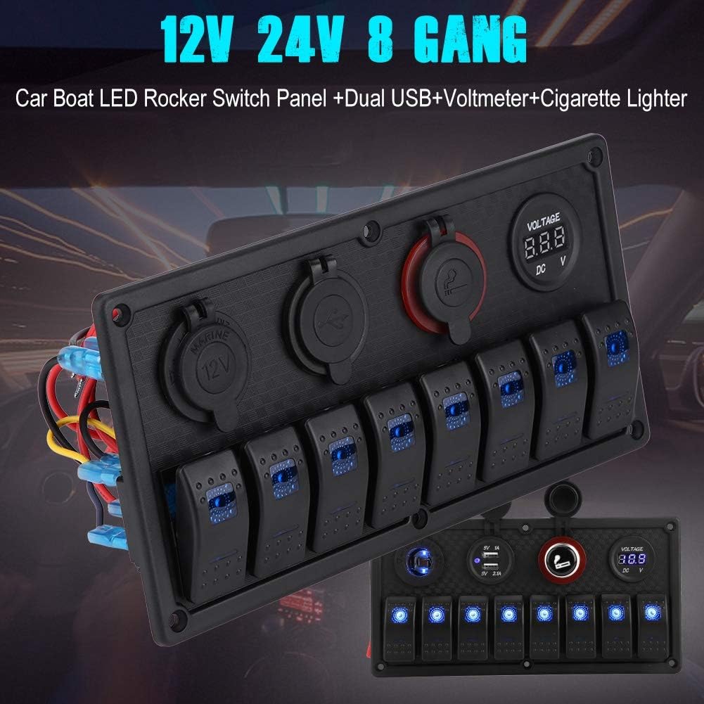 Qiilu 8 Gang Boat 12V Aluminium Rocker Switch Panel - Blue LED Lighted Control Switches