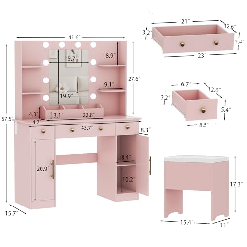 Vanity Desk with Mirror and Lights, Makeup Vanity with Charging Station & Vanity Stool