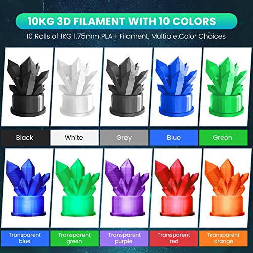 SUNLU 3D Printer Filament Bundle, PLA Plus Filament 10KG 1.75mm, Neatly Wound Filament for Most 3D Printer, 10 Colors, 1kg Spool