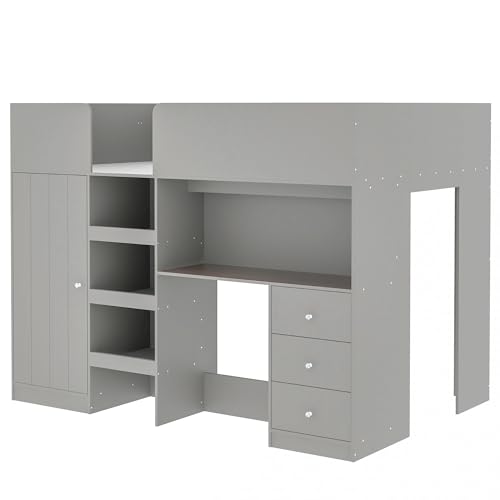 Harper & Bright Designs Full Size Loft Bed with Desk, Wood Full Loft Bed Frame with Built-in Wardrobe, Storage Shelves and Drawers, Gray