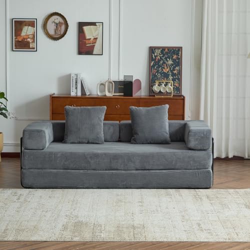 Compression Floor Sofa Bed, Convertible Foldable Sofa with Support Backrest and Armrest, Corduroy Fabric Modular Sectional Couch with 2 Pillows