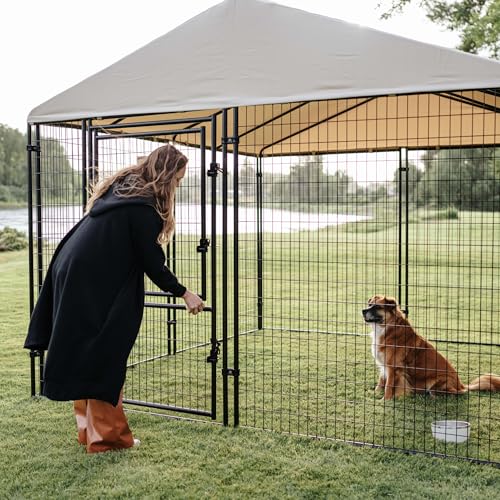 Stay Series 4 by 4 by 4.3 Feet Studio Jr. Black Powder Coat Steel Frame Outdoor Dog Kennel with Waterproof Canopy Roof and Gate Door, Khaki