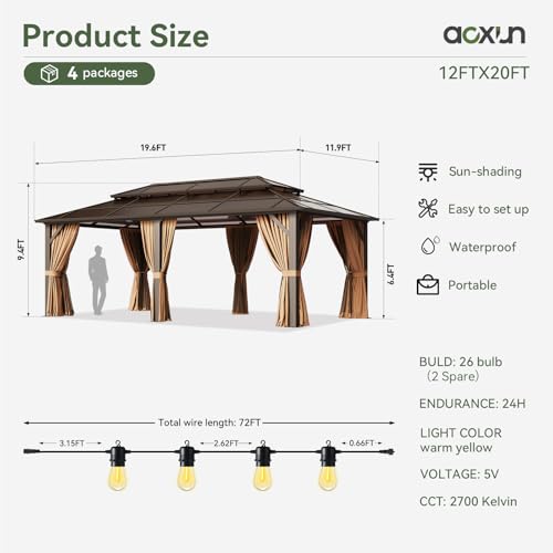 Aoxun 12'x10' Hardtop Gazebo, Aluminum Frame Permanent Pavilion with Curtains and Netting, Outdoor Polycarbonate Double Roof Canopy