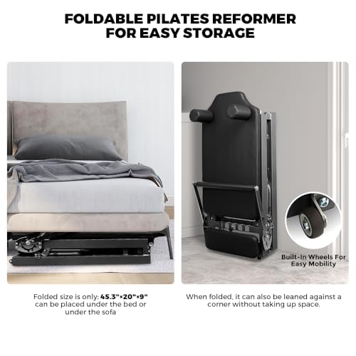 ONETWOFIT Pilates Reformer, Foldable Pilates Machine & Equipment for Home Gym Workout Suitable for Advanced and Beginners Max 440LBS Gray