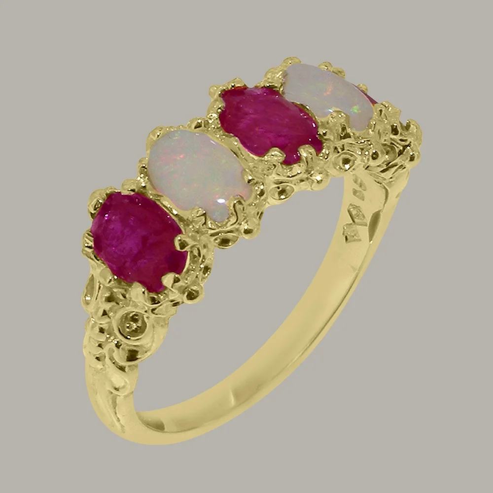 LBG British Made 18k Yellow Gold Natural Ruby & Opal Womens Eternity Ring - 33 size options - Size 10