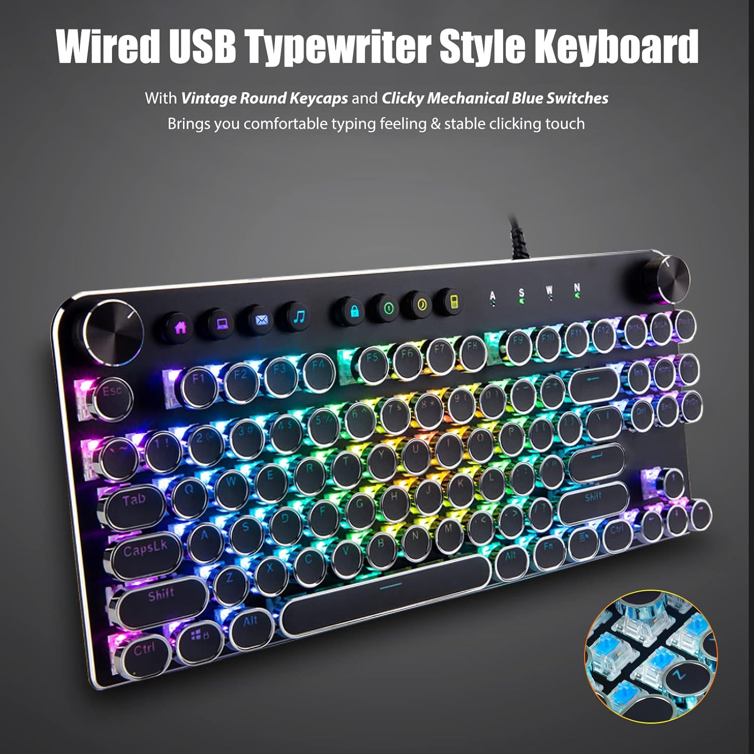 Typewriter Style Mechanical Gaming Keyboard with True RGB LED Backlight Multifunction Knobs