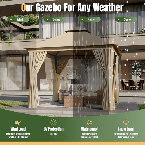 AOXUN Outdoor Gazebo for Patio 10x12, Metal Frame Canopy with Double Roofs