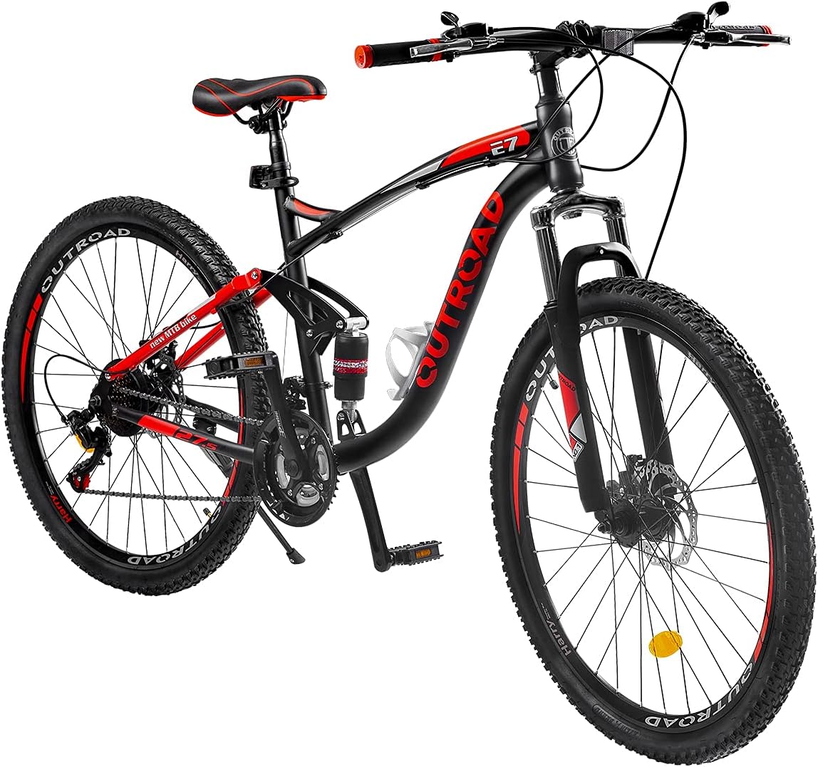Outroad Mountain Bike 26/27.5 inch Wheel 21 Speed 3 Spoke Double Disc Brake Bicycle Suspension Fork Rear Anti-Slip Bike for Adult or Teens