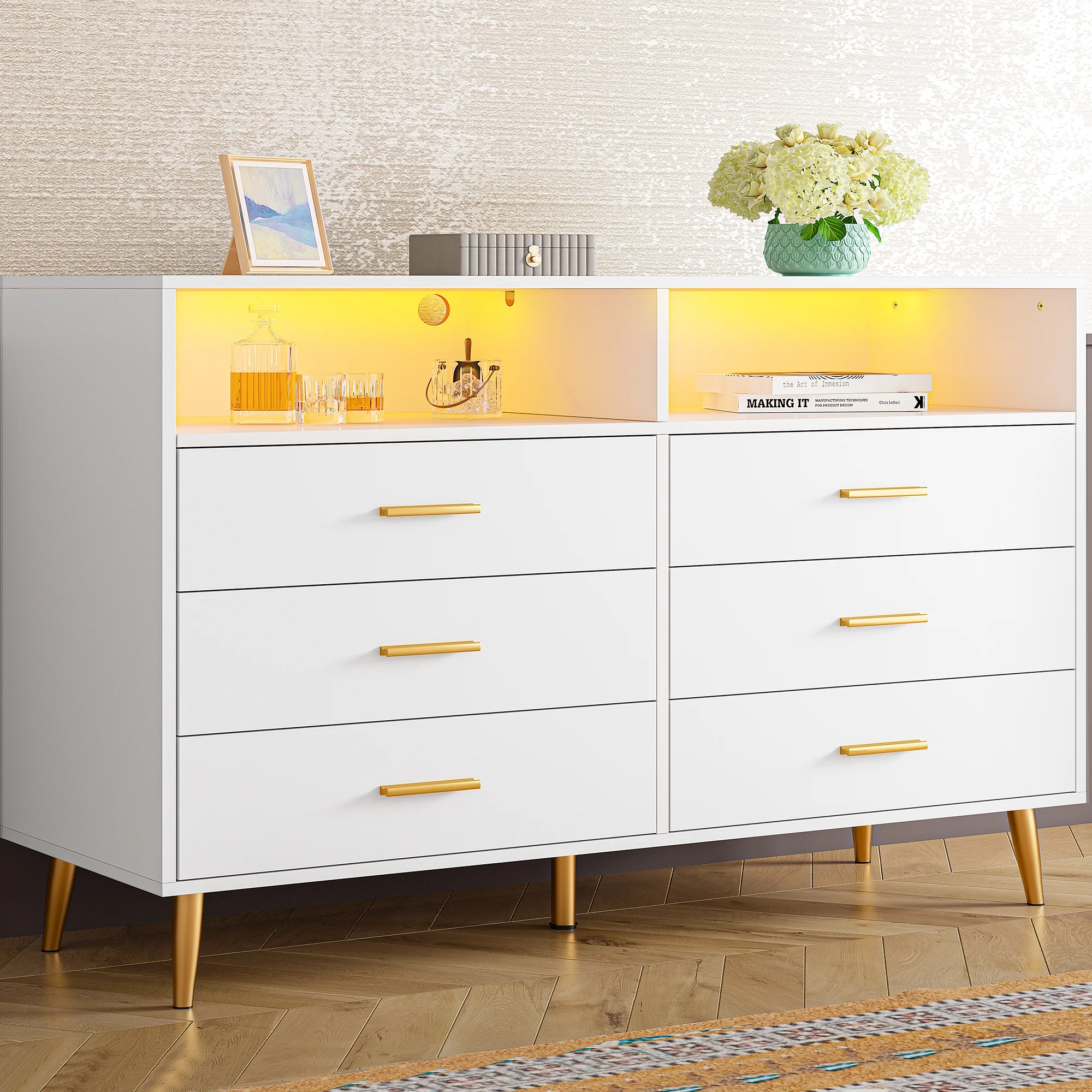 EnHomee Dresser, White Dresser with 6 Deep Drawers, Drawer Dresser with LED Lights, TV Stand Dressers & Chests of Drawers Wood Dresser for Bedroom