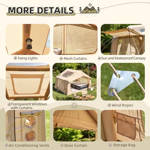 YOLENY Inflatable Tents for Camping, 4/6/8/10/12 Person Tent with TPU Skylight, Mesh Windows, Stove Jack & Pump, Easy Setup 4 Season Glamping Tent