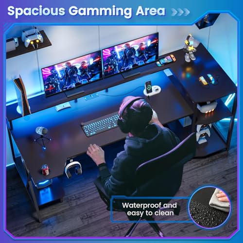 SEDETA Gaming Desk 70.8'' with LED Lights and Storage Shelves, Computer Desk with Monitor Stand, Power Outlets and Cup Holder, Large PC Gamer Desk
