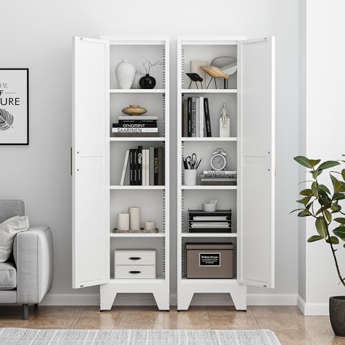 Tall Bathroom Cabinet,Narrow Metal Storage Cabinet with 5 Adjustable Shelves and Single Barn Door,Slim Pantry Storage Organizer for Bathroom,Kitchen