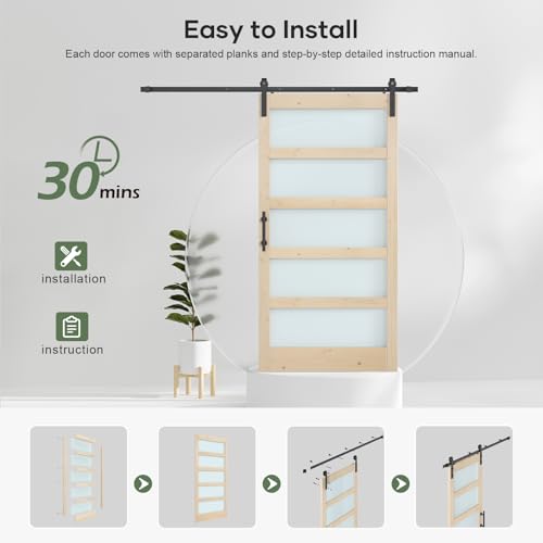 42x84 inch Glass Sliding Barn Door Slab with 7ft Hardware Kit Included, 5-Panel Frosted Glass, Spruce Wood Support DIY Dyeing, Easy Assembly