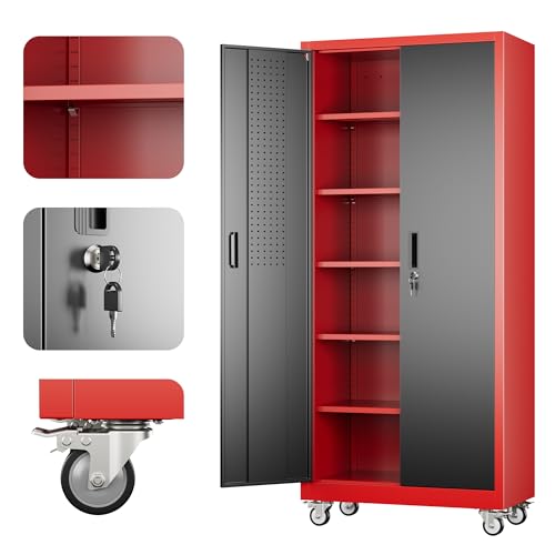 Metal Storage Cabinet with Wheels, 73" H Rolling Garage Cabinets with Locking Doors and Adjustable Shelves for Home Office, Basement, Pantry, Workshop