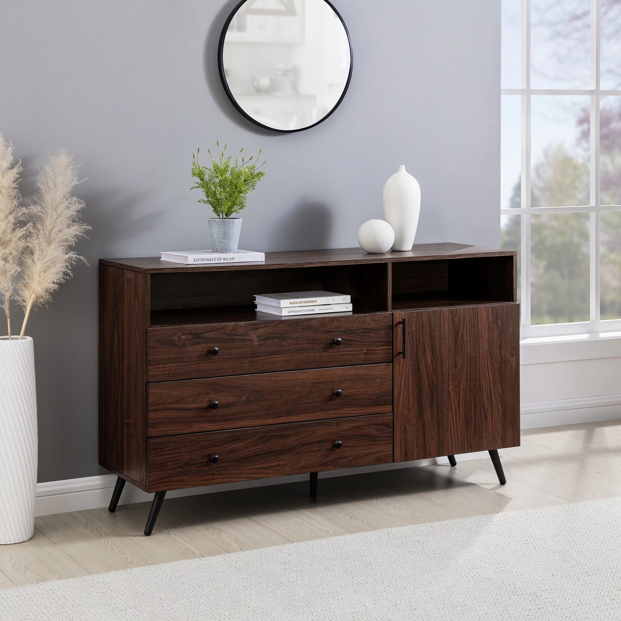 Walker Edison Mid-Century Modern 3-Drawer Sideboard, Dark Walnut
