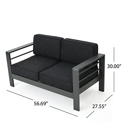 GDFStudio Coral Bay Outdoor Grey Aluminum 5 Piece Loveseat Chat Set with Fire Table (Dark Grey)
