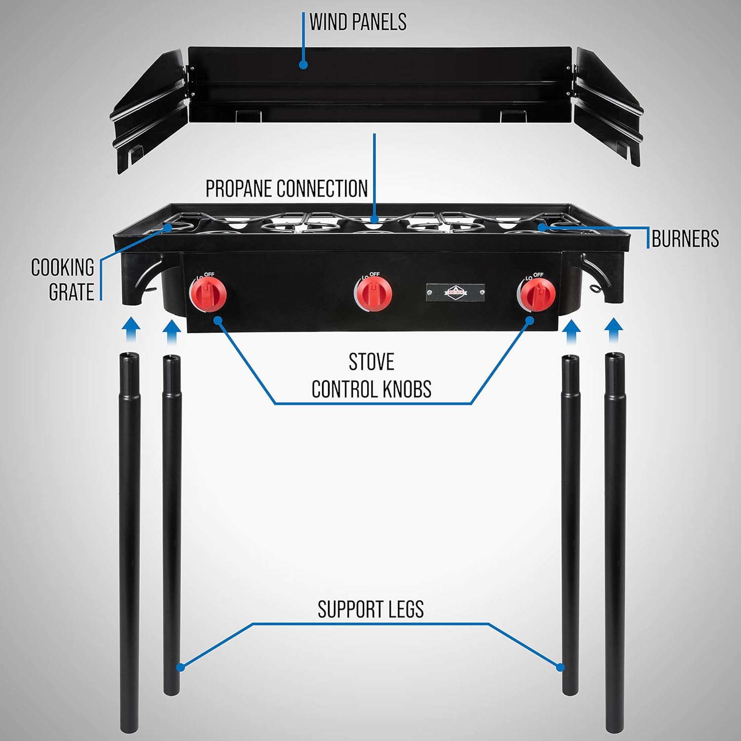 Hike Crew Cast Iron 3-Burner Outdoor Gas Stove | 225,000 BTU Portable Propane-Powered Cooktop with Removable Legs, Temperature Control Knobs
