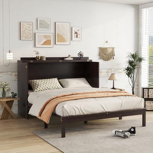Queen Size Farmhouse Murphy Bed Cabinet with Charging Station, Foldable Platform Bed Frame with 2 Storage Drawers