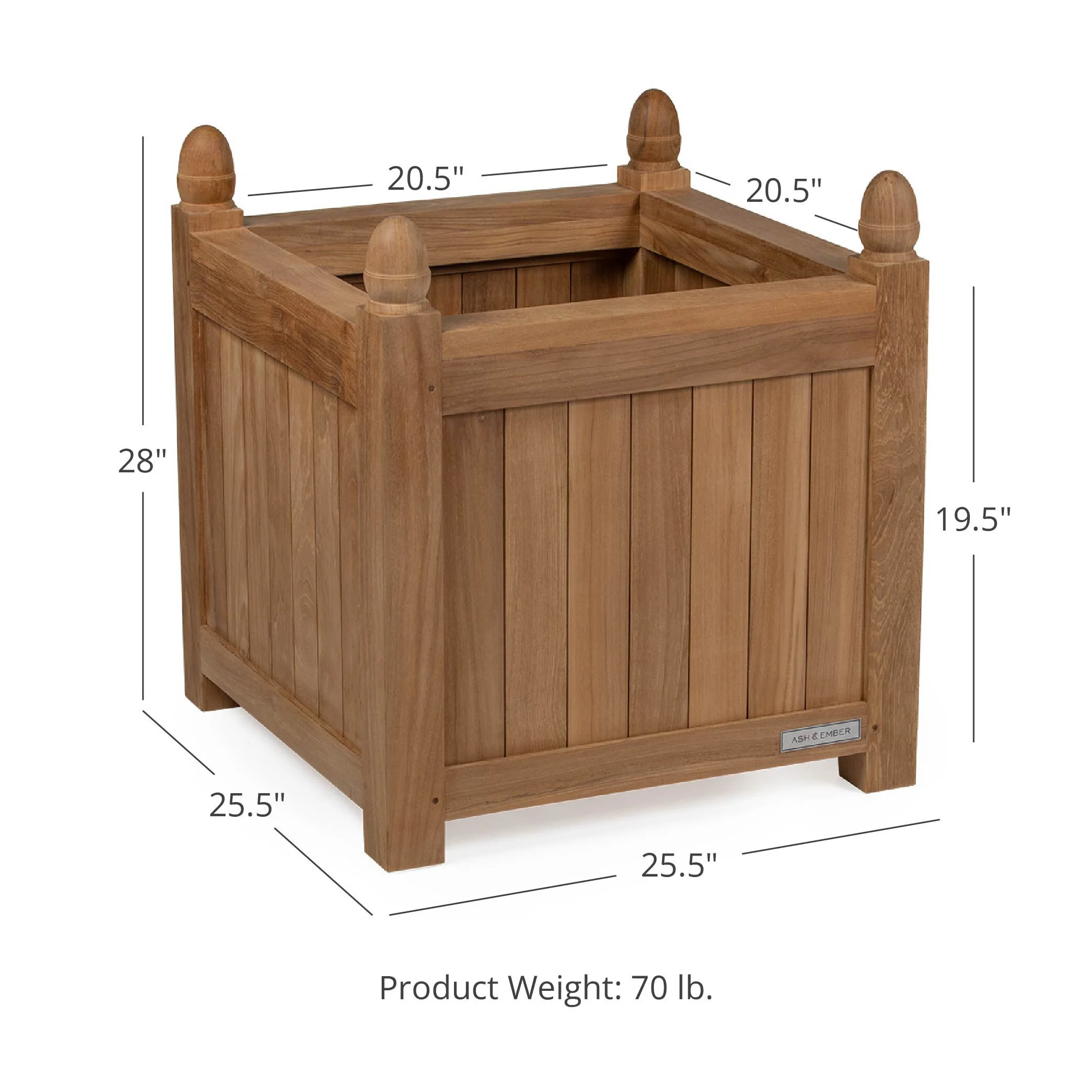 Ash & Ember Grade A Teak 25in Square Planter Box, Indoor Outdoor Large Cubed Flower Box, Weather Resistant Backyard Decor