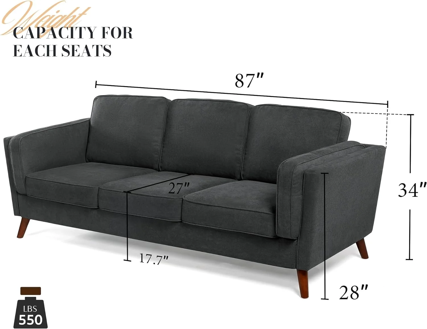 Papajet Sofa, 87inch Modern Sofa with Embedded Arm Pillow- Dark Grey Deep Seat Couch for Livingroom