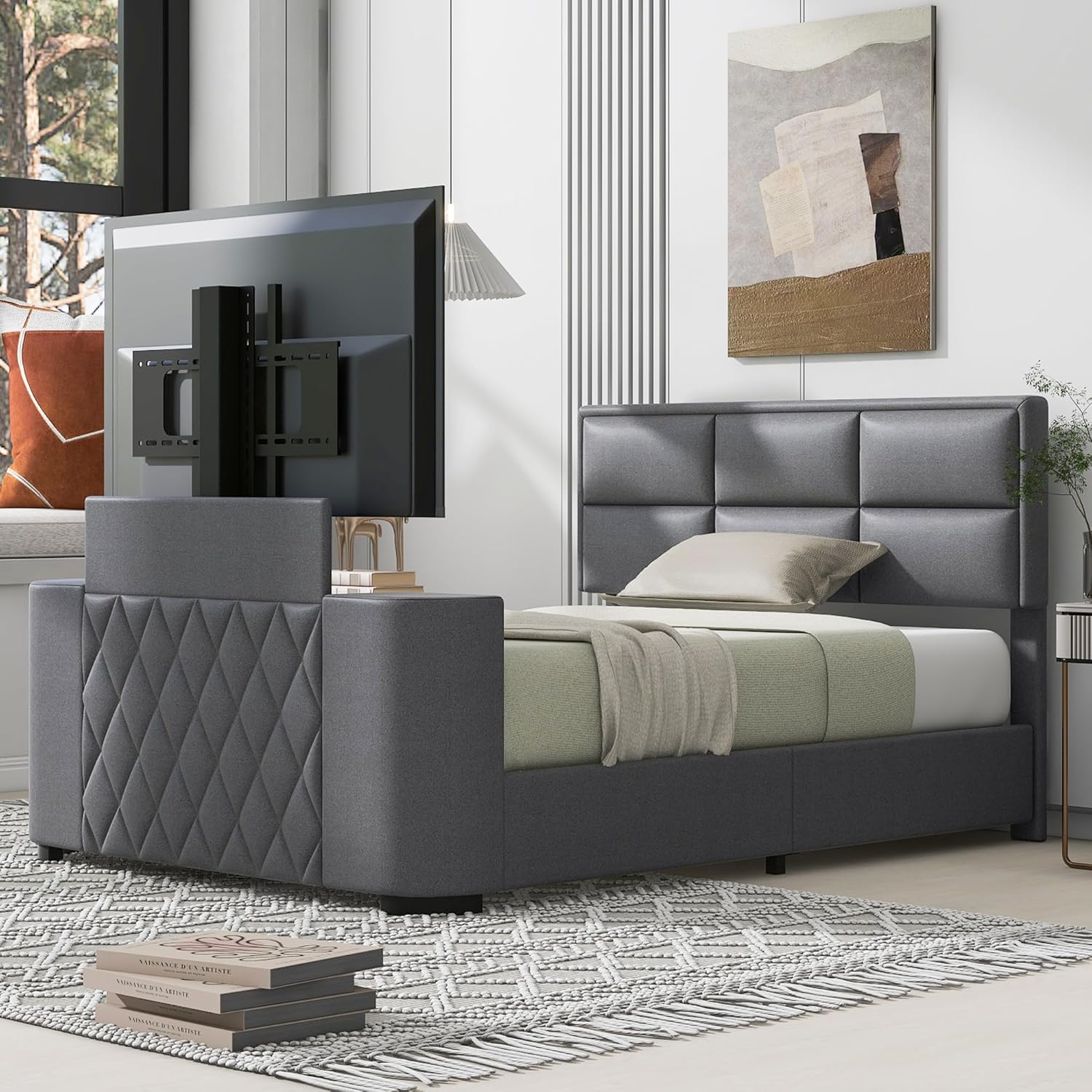 Queen Size Upholstered Platform Bed with Telescopic TV Stand, Modern Solid Wooden Bedframe with Adjustable Headboard & Support Legs