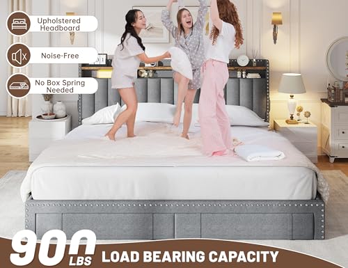 EnHomee Queen Bed Frame with 3 Storage Drawers, Upholstered Bed Frame Queen Size with 2-Tier Storage Headboard, Wooden Slats, No Box Spring Needed