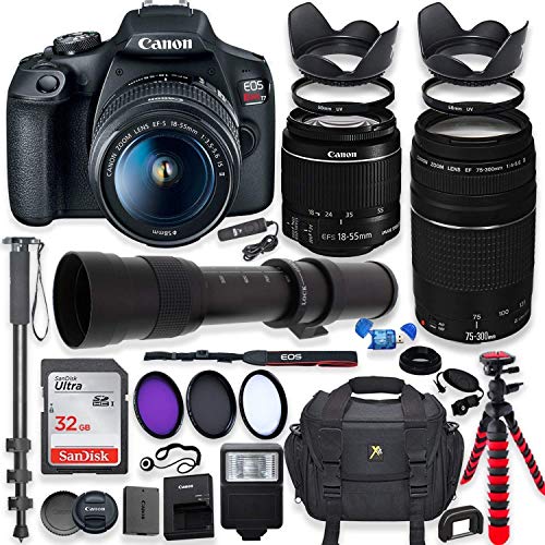 Canon EOS Rebel T7 DSLR Camera with 18-55mm is II Lens + Canon EF 75-300mm f/4-5.6 III Lens and 500mm Preset Lens + 32GB Memory + Filters + Monopod +