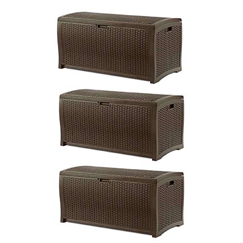 Suncast Outdoor Storage Box - 73 Gallon Mocha Brown Deck Box for Patio, Waterproof Outdoor Storage Bench, Resin Wicker Style, Heavy-Duty