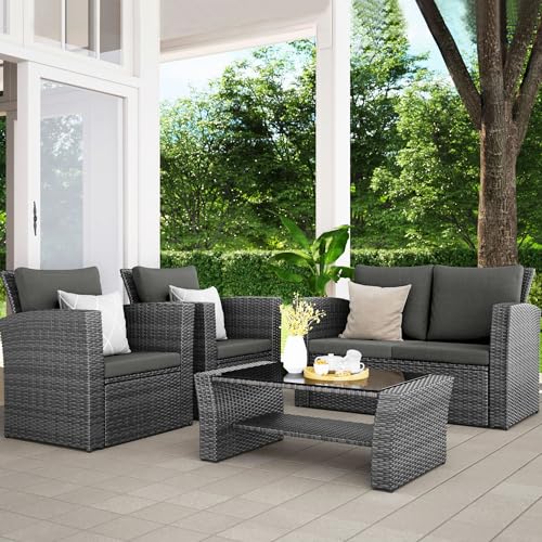 Wisteria Lane 4 Piece Outdoor Patio Furniture Sets, Wicker Conversation Set for Porch Deck, Gray Rattan Sofa Chair with Cushion