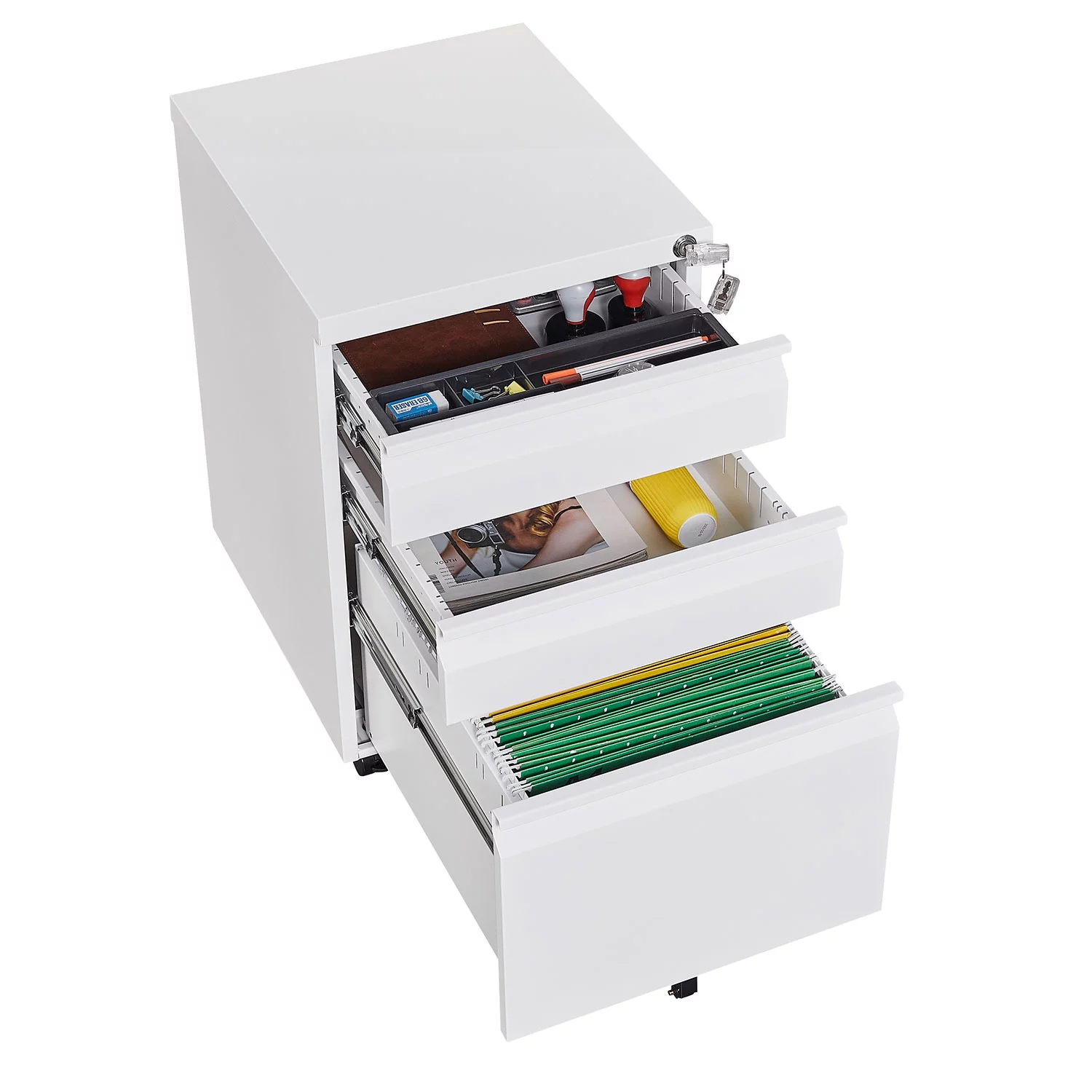 Foorsun 3 Drawer Mobile File Cabinet with Lock Under Desk Metal Filing Cabinet for Hanging Legal/Letter/A4 Size Files Storage Cabinet with Wheels