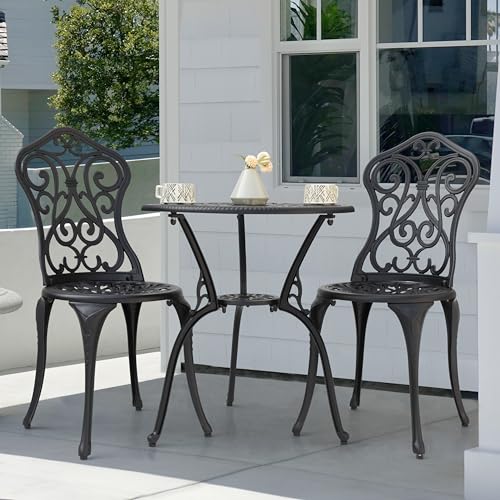 NUU GARDEN 3 Piece Bistro Set Outdoor, All Weather Cast Aluminum Patio Bistro Sets Patio Table and Chairs Set of 2 with Umbrella Hole for Yard