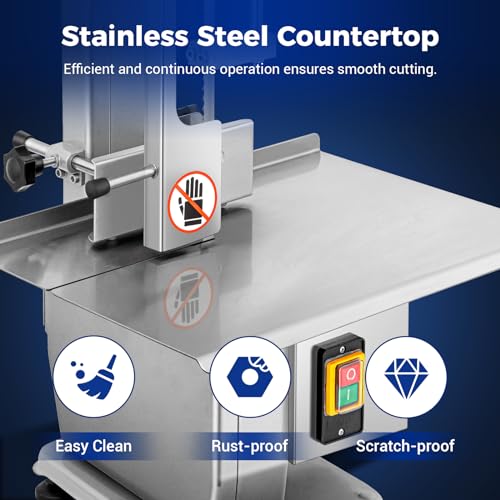 Commercial Electric Meat Saw, 750W Bone Saw For Butchering,110V Meat Bandsaw, Bone Cutting Machine with 2 Saw Blades,0.39-4.3 Cutting Thickness